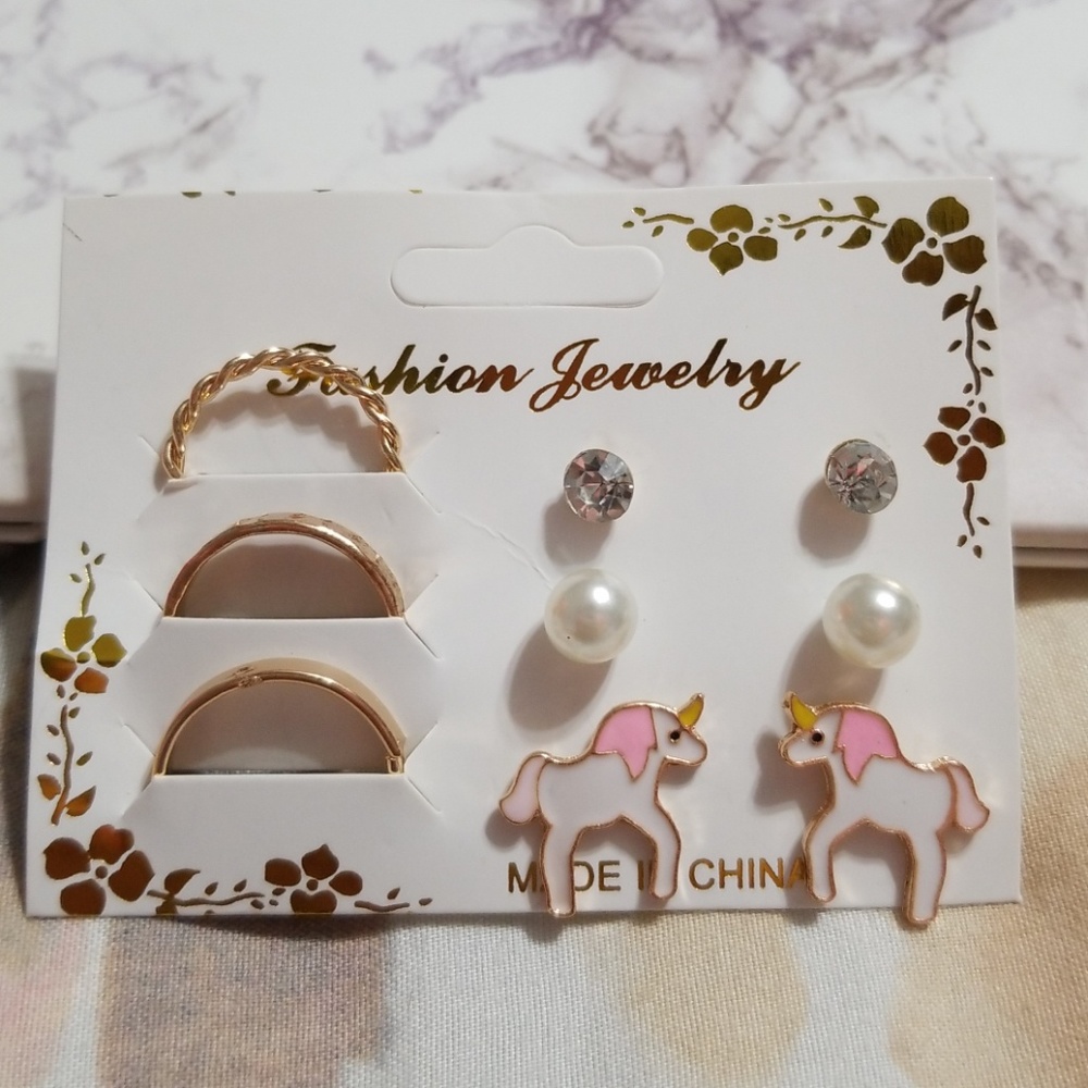 3 rings set & 3 earrings set unicorn pearl diamond